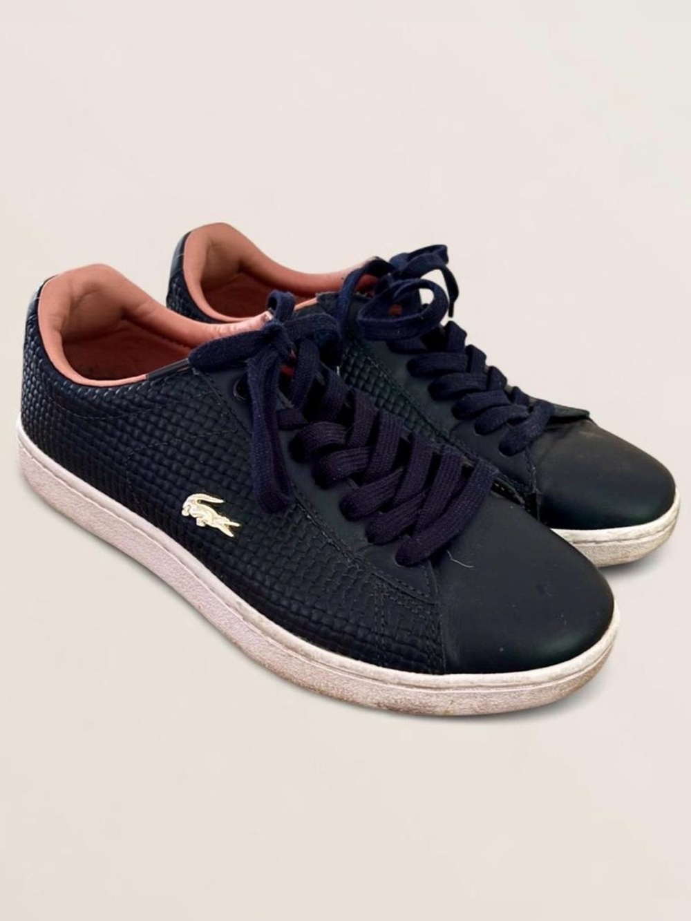 Lacoste Navy Low-Top Sneakers with Pink Interior and Gold Croc